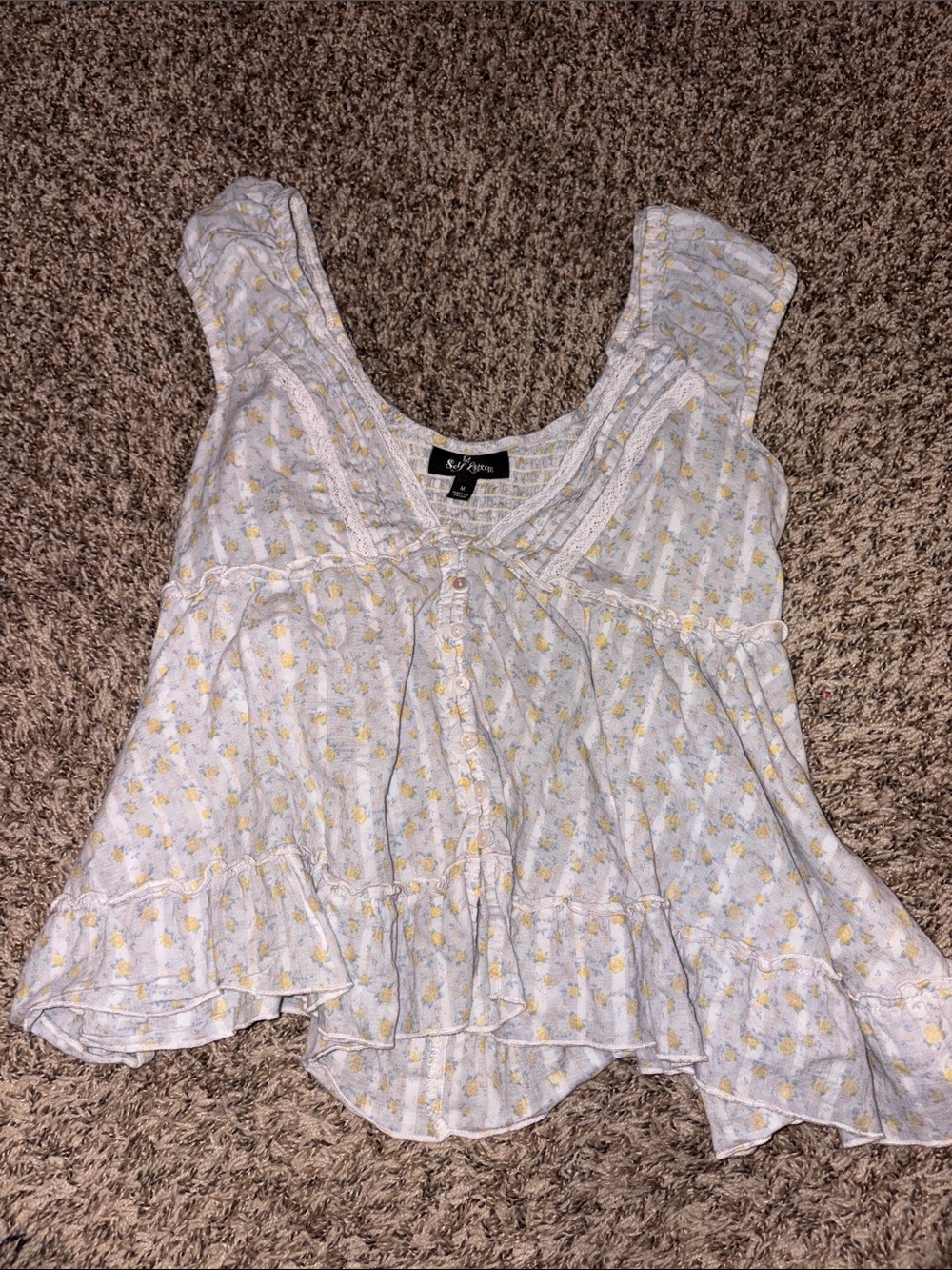 Self Esteem Off White Blouse with Yellow Floral Print and Ruffled Hem
